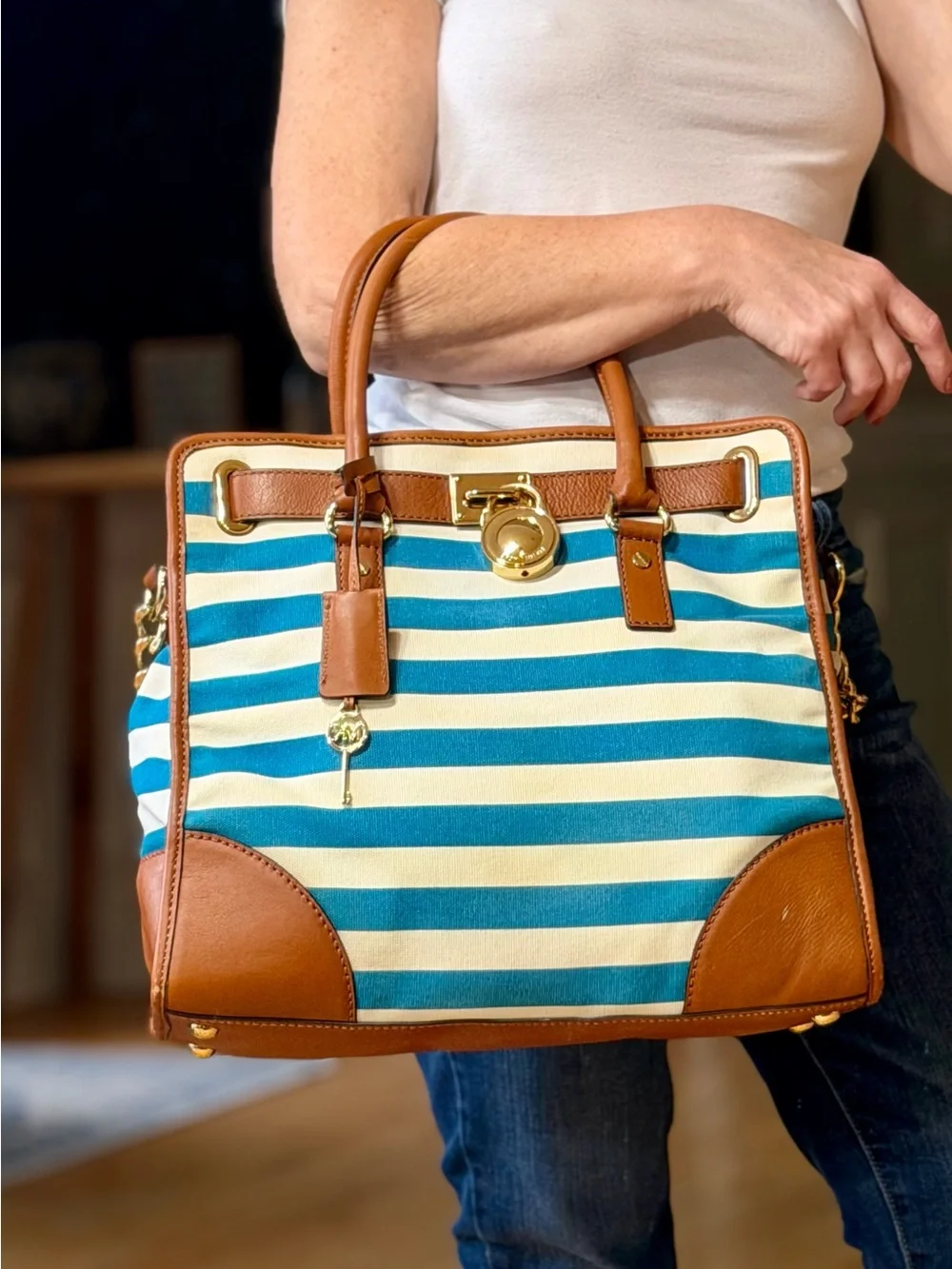 Michael Kors Nautical 2010s Hamilton Large  Canvas Tote Blue White Tote (Fair)